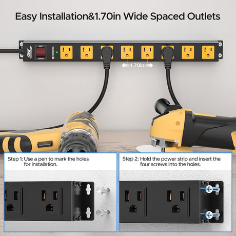 CRST 2-Pack 8-Outlet Heavy Duty Metal Power Strip, 2100J Surge, Mountable, SGS Certified - Magnadyne