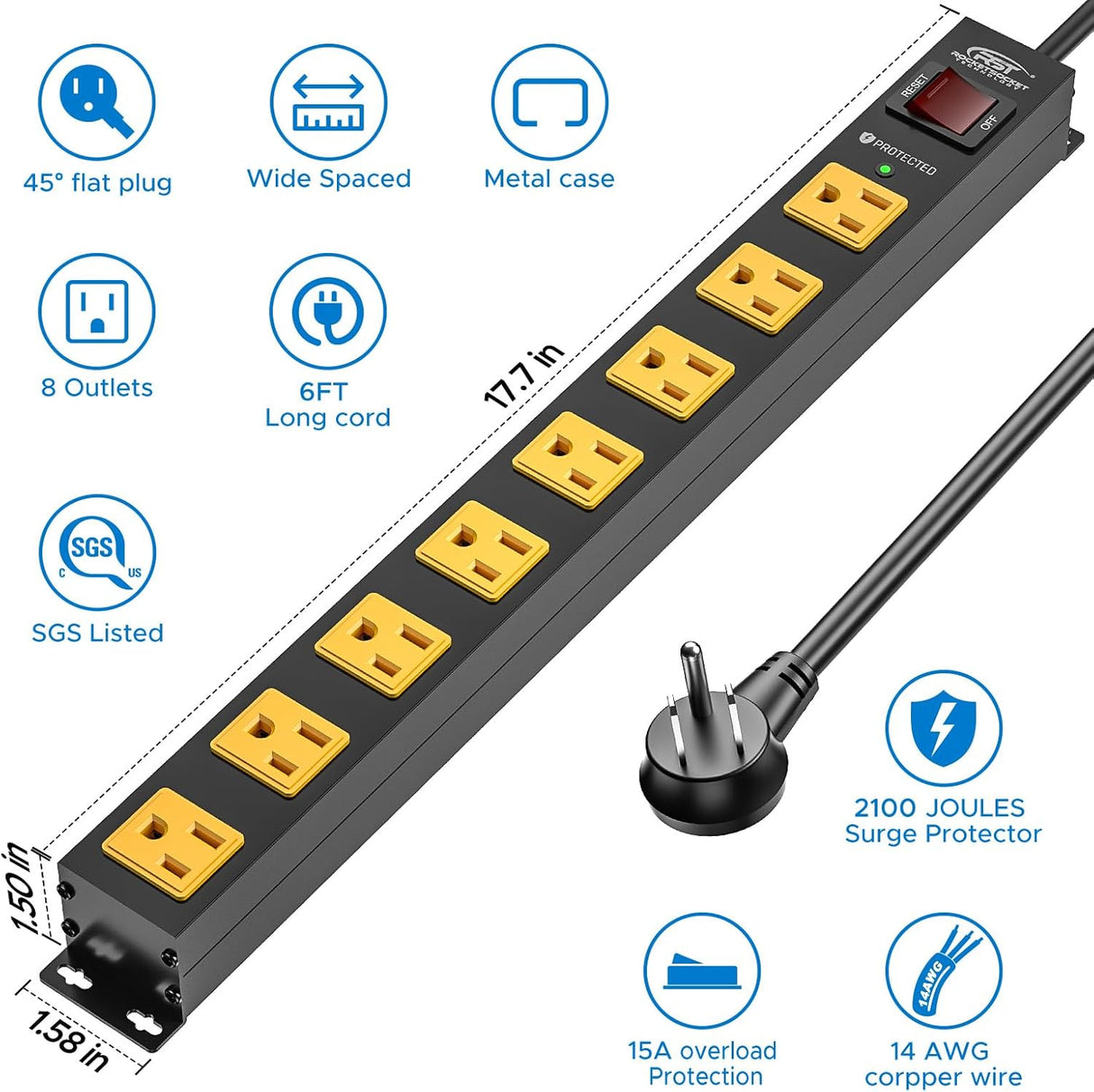CRST 2-Pack 8-Outlet Heavy Duty Metal Power Strip, 2100J Surge, Mountable, SGS Certified - Magnadyne