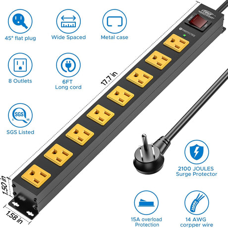 CRST 2-Pack 8-Outlet Heavy Duty Metal Power Strip, 2100J Surge, Mountable, SGS Certified - Magnadyne