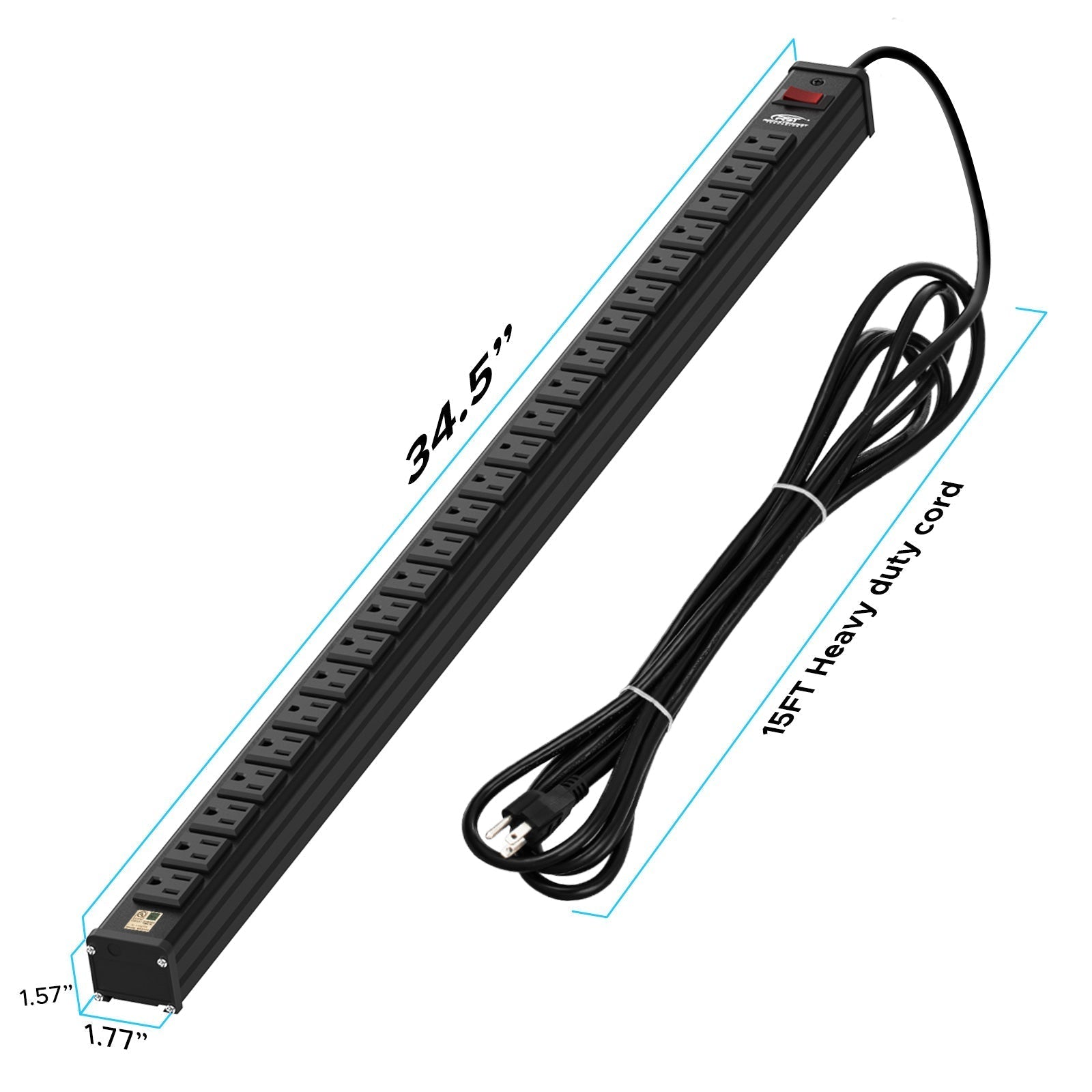 CRST 24 Outlets Heavy Duty Metal Power Strip, 15FT Power Cord, Mounting Brackets Included, UL Listed - Magnadyne