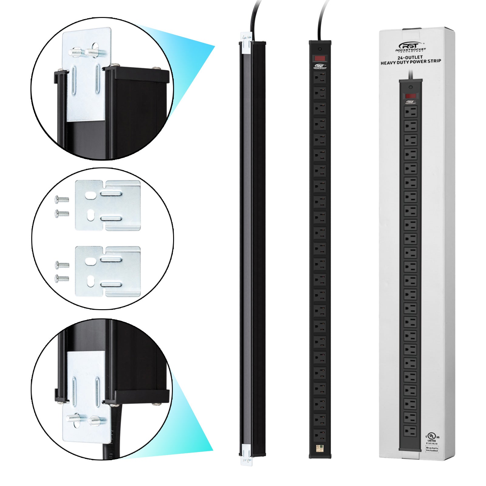CRST 24 Outlets Heavy Duty Metal Power Strip, 15FT Power Cord, Mounting Brackets Included, UL Listed - Magnadyne