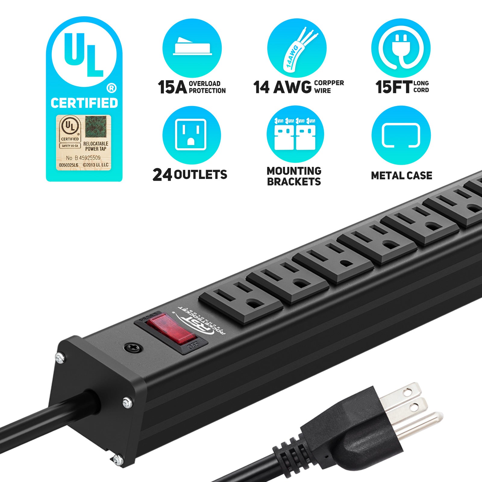 CRST 24 Outlets Heavy Duty Metal Power Strip, 15FT Power Cord, Mounting Brackets Included, UL Listed - Magnadyne