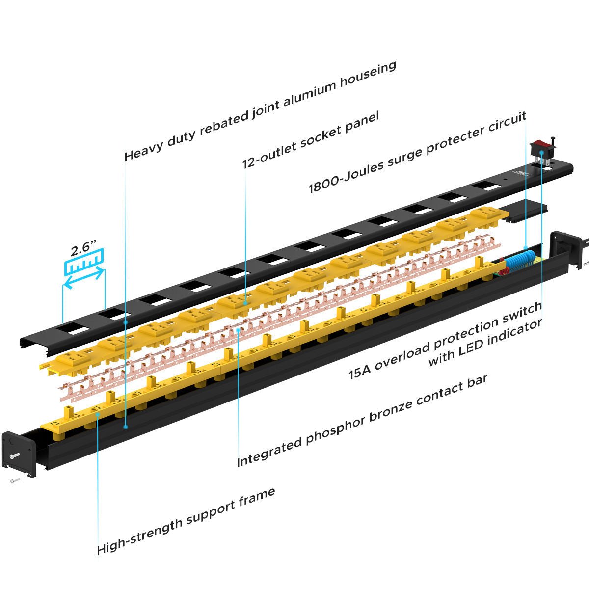 CRST 2.6" Wide Spaced 12 Outlets Mountable Metal Power Strip Surge Protector, Optional 6FT or 15FT Power Cord, Mounting Brackets included - Magnadyne