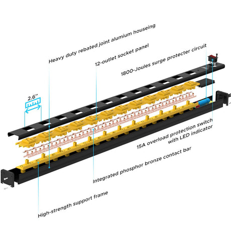 CRST 2.6" Wide Spaced 12 Outlets Mountable Metal Power Strip Surge Protector, Optional 6FT or 15FT Power Cord, Mounting Brackets included - Magnadyne