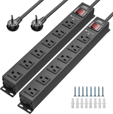 CRST 2PK Wider Spaced 6 Outlet Metal Surge Protector Power Strip 2100J 15A 1875W Heavy Duty Mountable Power Bar 6FT Flat Plug Extension Cord - Magnadyne