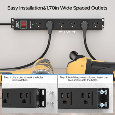 CRST 2PK Wider Spaced 6 Outlet Metal Surge Protector Power Strip 2100J 15A 1875W Heavy Duty Mountable Power Bar 6FT Flat Plug Extension Cord - Magnadyne