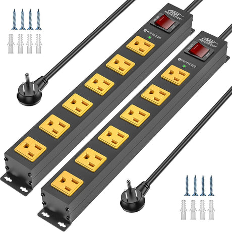 CRST 2PK Wider Spaced 6 Outlet Metal Surge Protector Power Strip 2100J 15A 1875W Heavy Duty Mountable Power Bar 6FT Flat Plug Extension Cord - Magnadyne