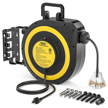 CRST 50ft Retractable Extension Cord Reel - 14AWG Heavy Duty, Lighted 3-Outlet Tap, 180° Swivel Mount, ETL Listed - Magnadyne