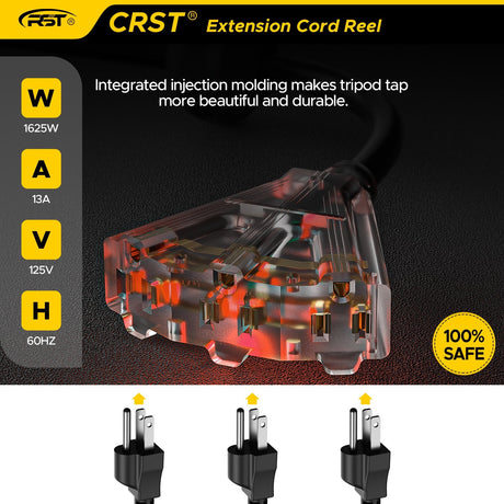 CRST 50ft Retractable Extension Cord Reel - 14AWG Heavy Duty, Lighted 3-Outlet Tap, 180° Swivel Mount, ETL Listed - Magnadyne