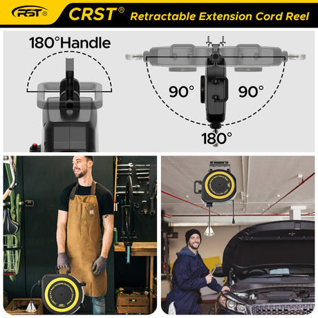 CRST 50ft Retractable Extension Cord Reel - 14AWG Heavy Duty, Lighted 3-Outlet Tap, 180° Swivel Mount, ETL Listed - Magnadyne