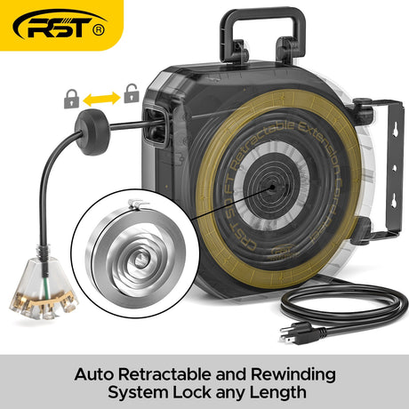 CRST 50ft Retractable Extension Cord Reel - 14AWG Heavy Duty, Lighted 3-Outlet Tap, 180° Swivel Mount, ETL Listed - Magnadyne