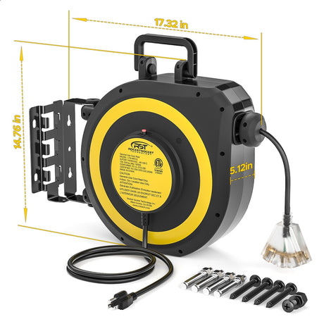 CRST 50ft Retractable Extension Cord Reel - 14AWG Heavy Duty, Lighted 3-Outlet Tap, 180° Swivel Mount, ETL Listed - Magnadyne