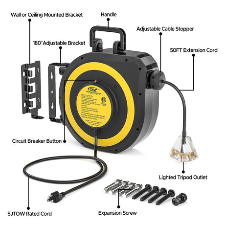 CRST 50ft Retractable Extension Cord Reel - 14AWG Heavy Duty, Lighted 3-Outlet Tap, 180° Swivel Mount, ETL Listed - Magnadyne