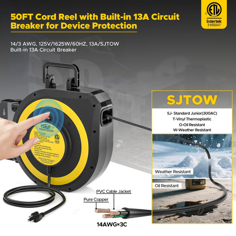 CRST 50ft Retractable Extension Cord Reel - 14AWG Heavy Duty, Lighted 3-Outlet Tap, 180° Swivel Mount, ETL Listed - Magnadyne