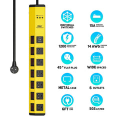 CRST 6 Outlets Dural USB Individual Switches Metal Power Strip Surge Protector, 6FT Flat Plug Power Cord - Magnadyne