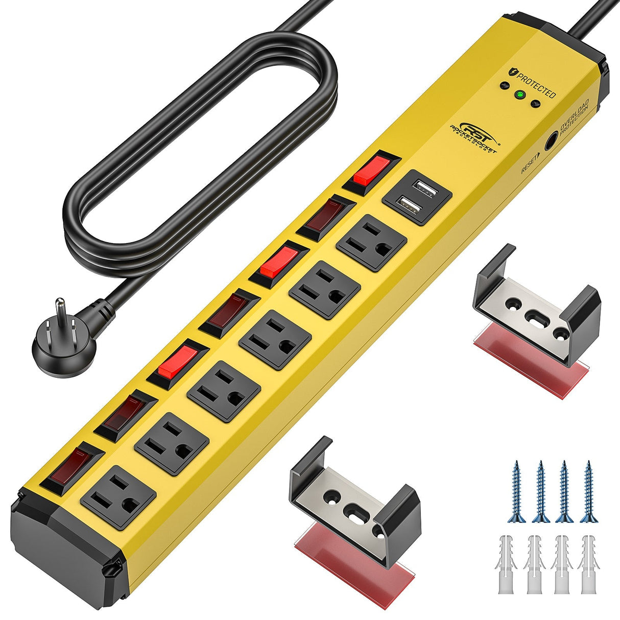 CRST 6 Outlets Dural USB Individual Switches Metal Power Strip Surge Protector, 6FT Flat Plug Power Cord - Magnadyne