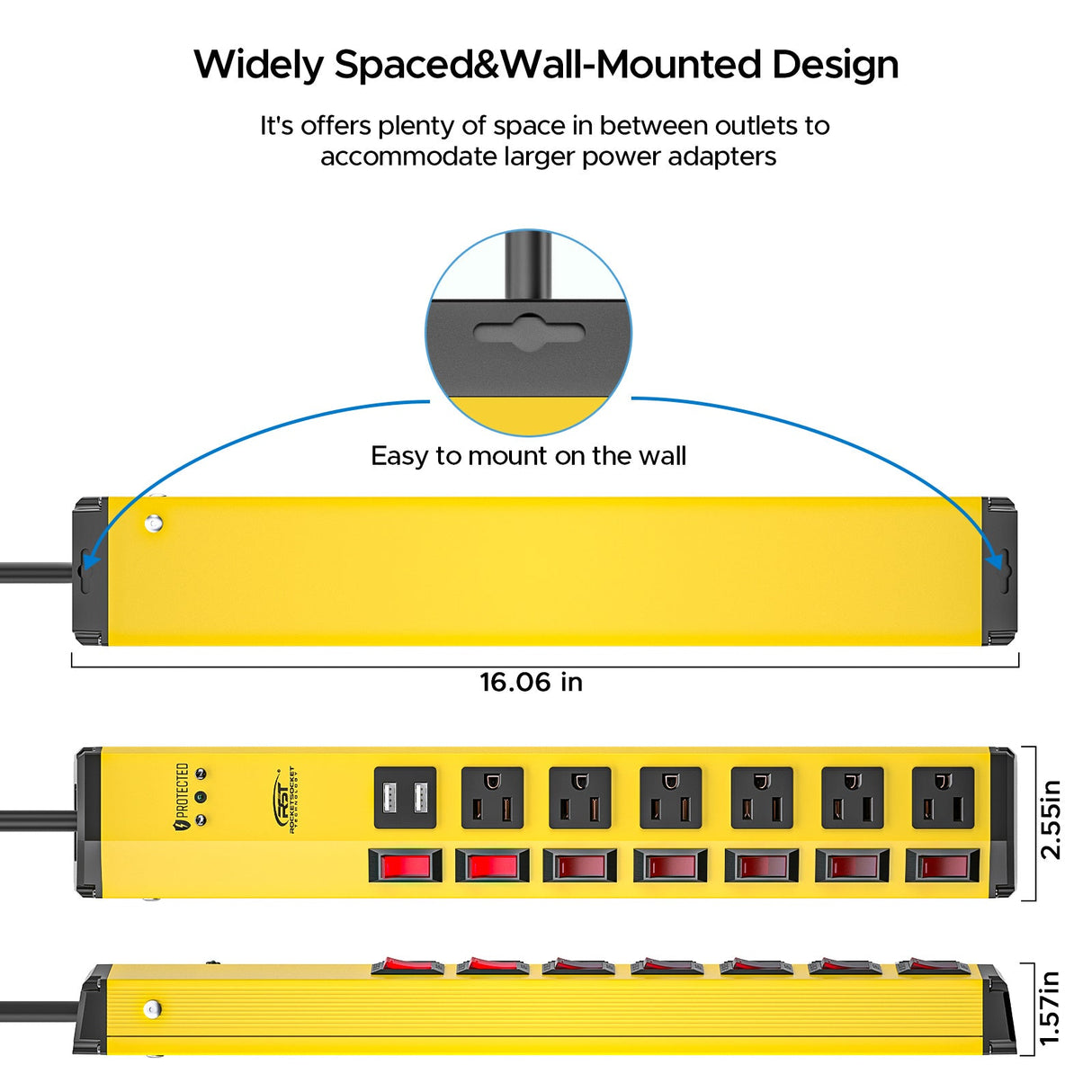 CRST 6 Outlets Dural USB Individual Switches Metal Power Strip Surge Protector, 6FT Flat Plug Power Cord - Magnadyne