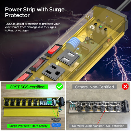 CRST 6 Outlets Dural USB Individual Switches Metal Power Strip Surge Protector, 6FT Flat Plug Power Cord - Magnadyne
