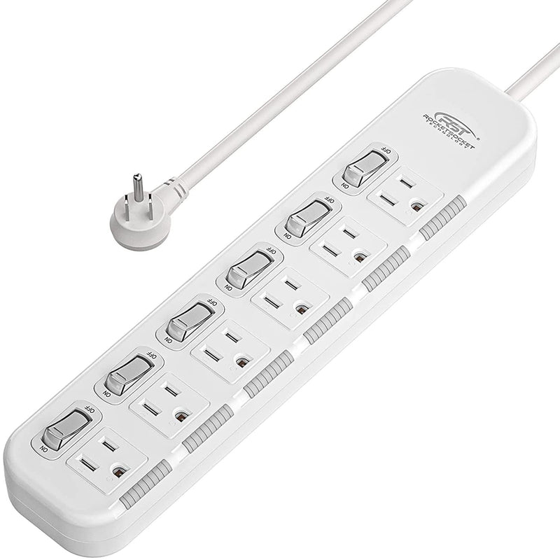 CRST 6 Outlets Individual Switch Surge Protector Power Strip with Slidable Shock Protection, 6FT Flat Plug Power Cord - Magnadyne