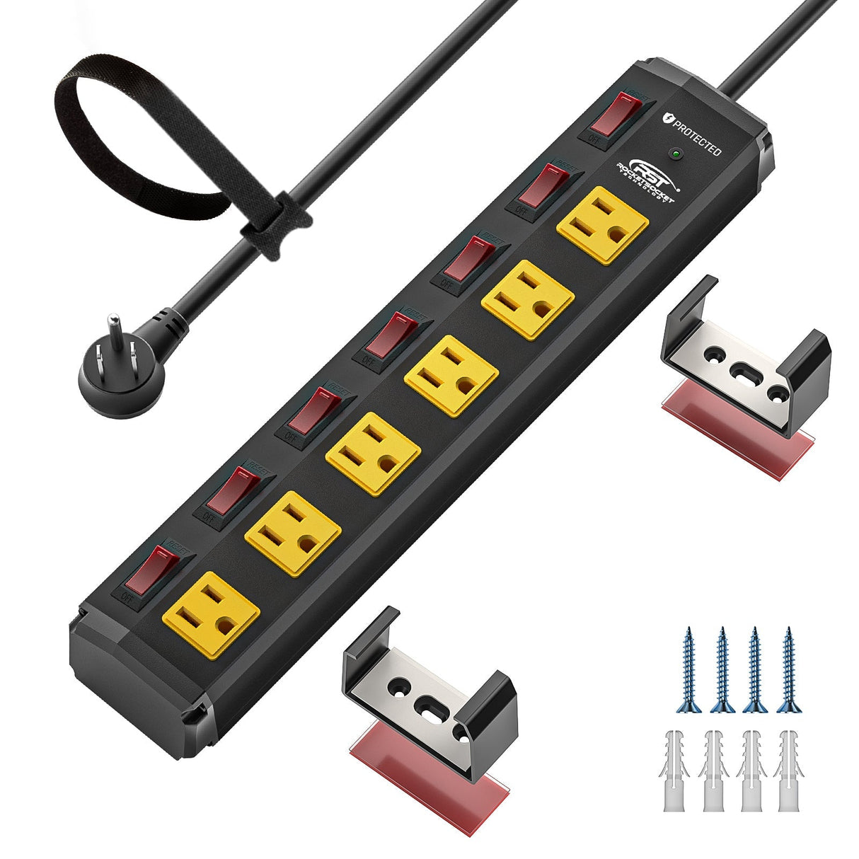 CRST 6 Outlets Individual Switches Mountable Metal Power Strip Surge Protector, 6FT Flat Plug Power Cord, Optional 3 Colors - Magnadyne