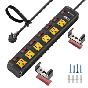 CRST 6 Outlets Individual Switches Mountable Metal Power Strip Surge Protector, 6FT Flat Plug Power Cord, Optional 3 Colors - Magnadyne