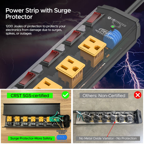 CRST 6 Outlets Individual Switches Mountable Metal Power Strip Surge Protector, 6FT Flat Plug Power Cord, Optional 3 Colors - Magnadyne