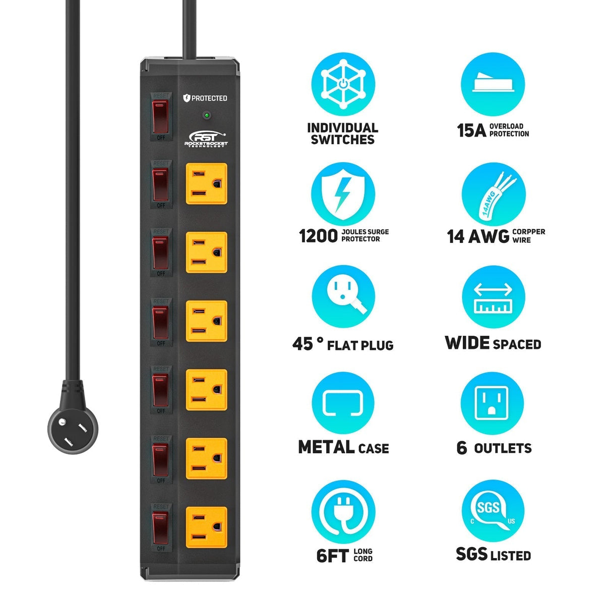 CRST 6 Outlets Individual Switches Mountable Metal Power Strip Surge Protector, 6FT Flat Plug Power Cord, Optional 3 Colors - Magnadyne