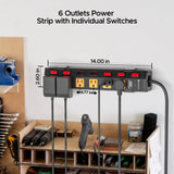 CRST 6 Outlets Individual Switches Mountable Metal Power Strip Surge Protector, 6FT Flat Plug Power Cord, Optional 3 Colors - Magnadyne