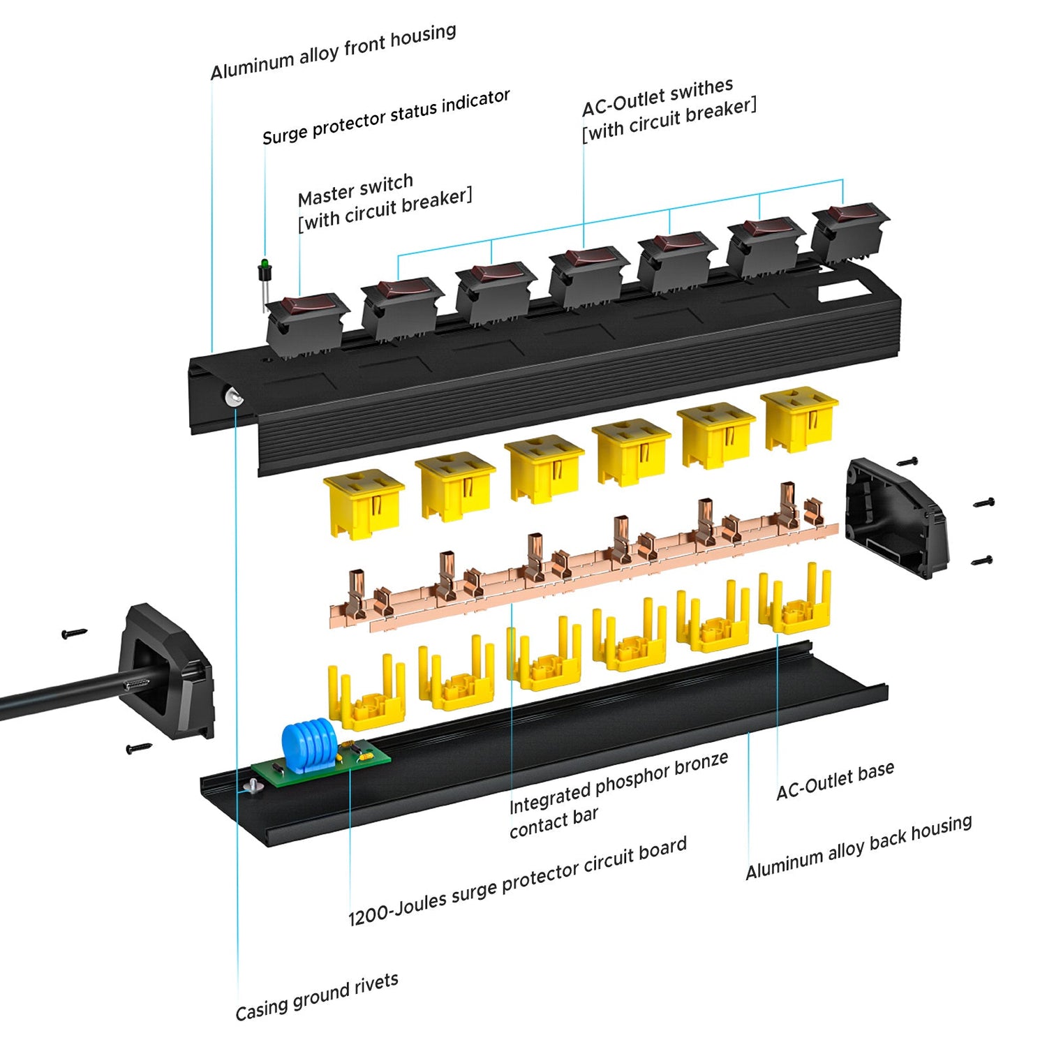 CRST 6 Outlets Individual Switches Mountable Metal Power Strip Surge Protector, 6FT Flat Plug Power Cord, Optional 3 Colors - Magnadyne