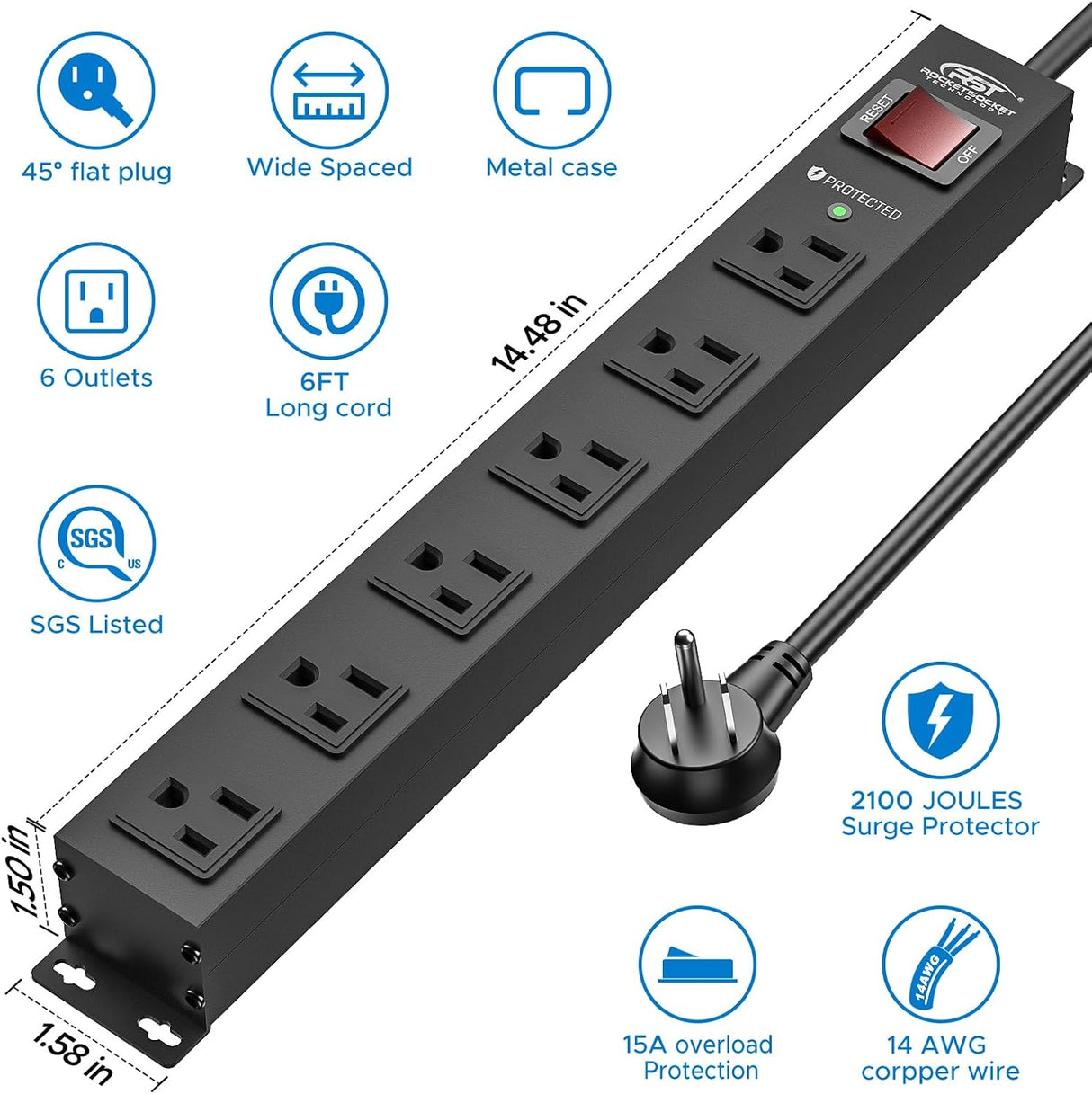 CRST 6 Outlets Wide Spaced Mountable Metal Power Strip Surge Protector, 6FT Flat Plug Power Cord, Mounting Kits Included - Magnadyne