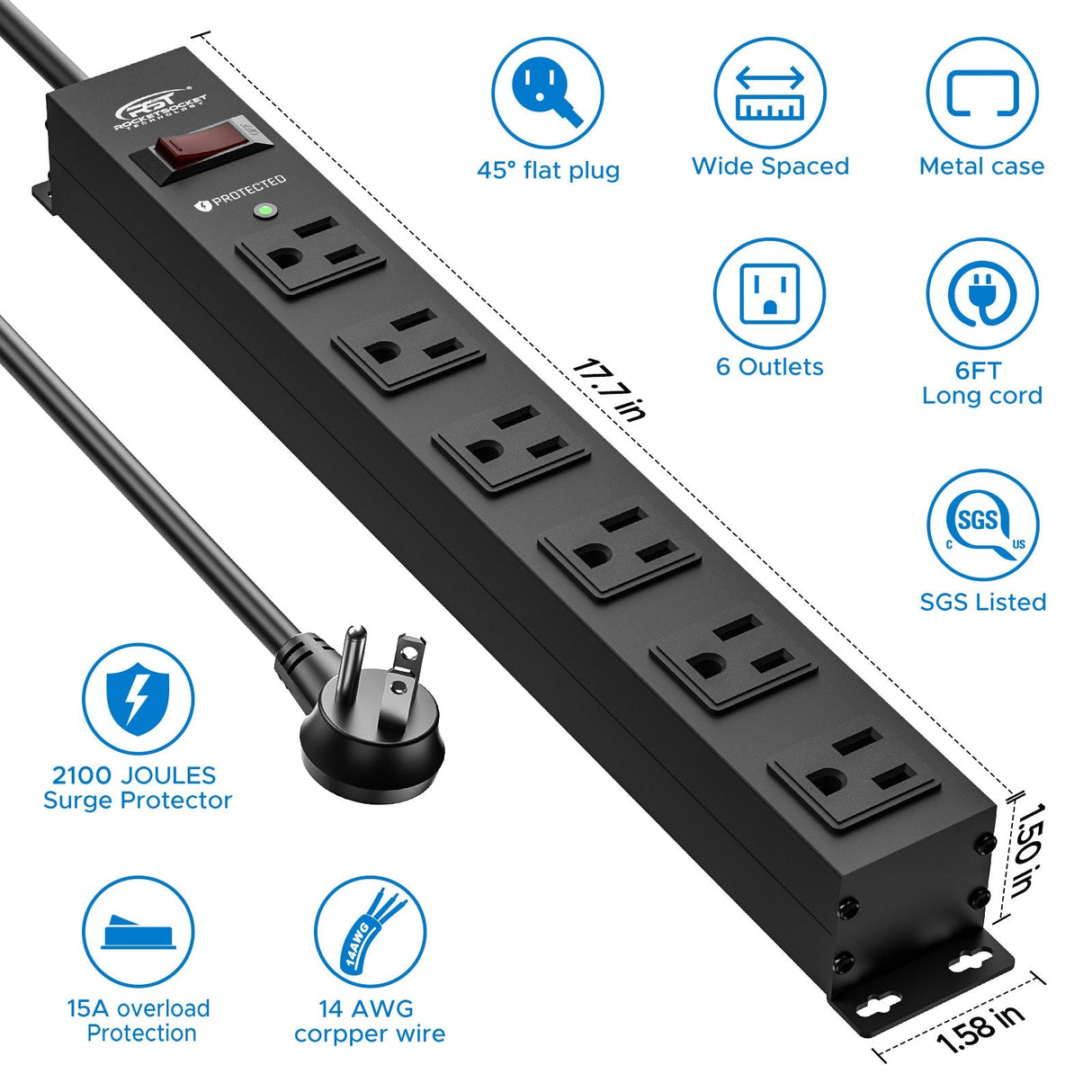 CRST 6 Outlets Wide Spaced Mountable Metal Power Strip Surge Protector, 6FT Flat Plug Power Cord, Mounting Kits Included - Magnadyne