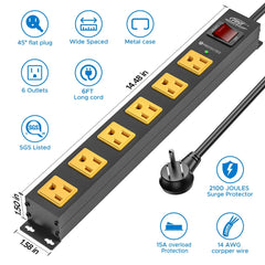 CRST 6 Outlets Wide Spaced Mountable Metal Power Strip Surge Protector, 6FT Flat Plug Power Cord, Mounting Kits Included - Magnadyne