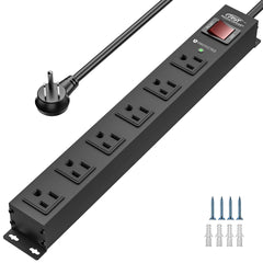 CRST 6 Outlets Wide Spaced Mountable Metal Power Strip Surge Protector, 6FT Flat Plug Power Cord, Mounting Kits Included - Magnadyne