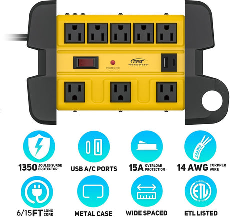CRST 8-Outlet Heavy Duty Metal Power Strip | USB-C, 1350J Surge, ETL Listed - Magnadyne