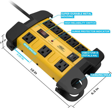 CRST 8-Outlet Heavy Duty Metal Power Strip | USB-C, 1350J Surge, ETL Listed - Magnadyne