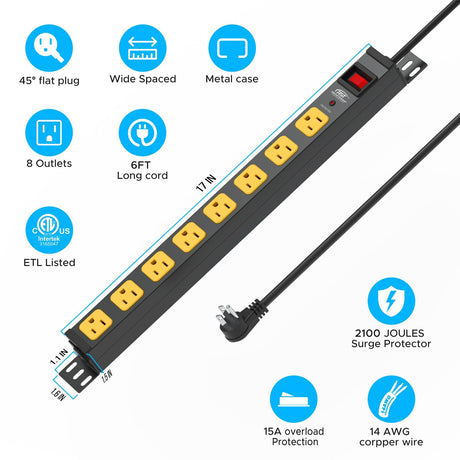 CRST 8-Outlet Mountable Metal Power Strip | 4-Way Bracket Mount, 2100J - Magnadyne