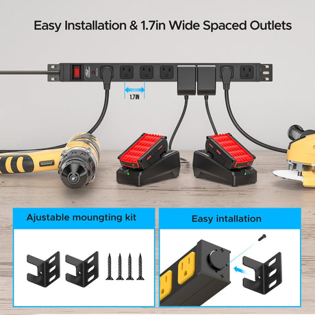 CRST 8-Outlet Mountable Metal Power Strip | 4-Way Bracket Mount, 2100J - Magnadyne