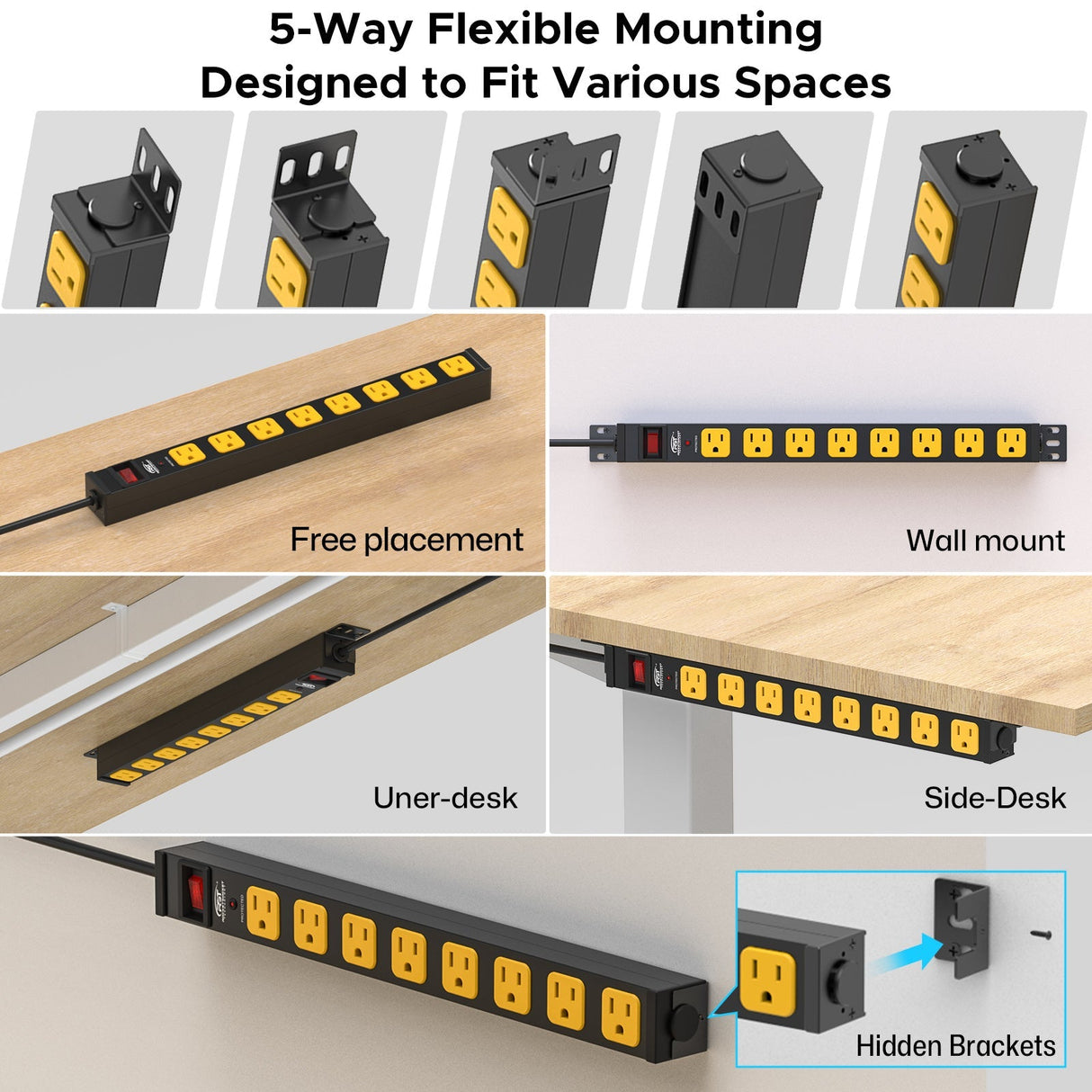 CRST 8-Outlet Mountable Metal Power Strip | 4-Way Bracket Mount, 2100J - Magnadyne