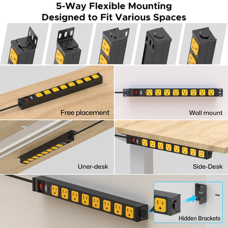 CRST 8-Outlet Mountable Metal Power Strip | 4-Way Bracket Mount, 2100J - Magnadyne