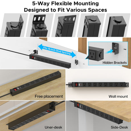 CRST 8-Outlet Mountable Metal Power Strip | 4-Way Bracket Mount, 2100J - Magnadyne