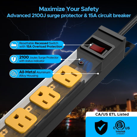 CRST 8-Outlet Mountable Metal Power Strip | 4-Way Bracket Mount, 2100J - Magnadyne