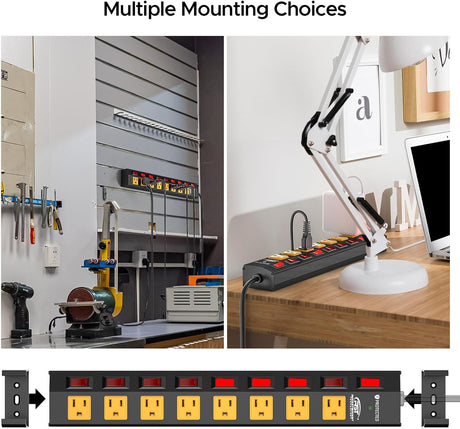 CRST 8-Outlet Wide Metal Surge Protector Power Strip - Individual Switches, 1200J, Wall Mount, 6ft Cord - Magnadyne