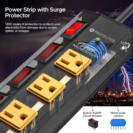 CRST 8-Outlet Wide Metal Surge Protector Power Strip - Individual Switches, 1200J, Wall Mount, 6ft Cord - Magnadyne