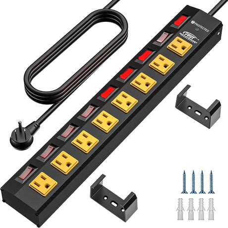 CRST 8-Outlet Wide Metal Surge Protector Power Strip - Individual Switches, 1200J, Wall Mount, 6ft Cord - Magnadyne