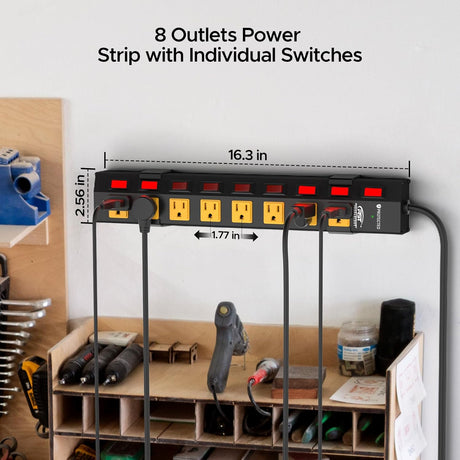 CRST 8-Outlet Wide Metal Surge Protector Power Strip - Individual Switches, 1200J, Wall Mount, 6ft Cord - Magnadyne