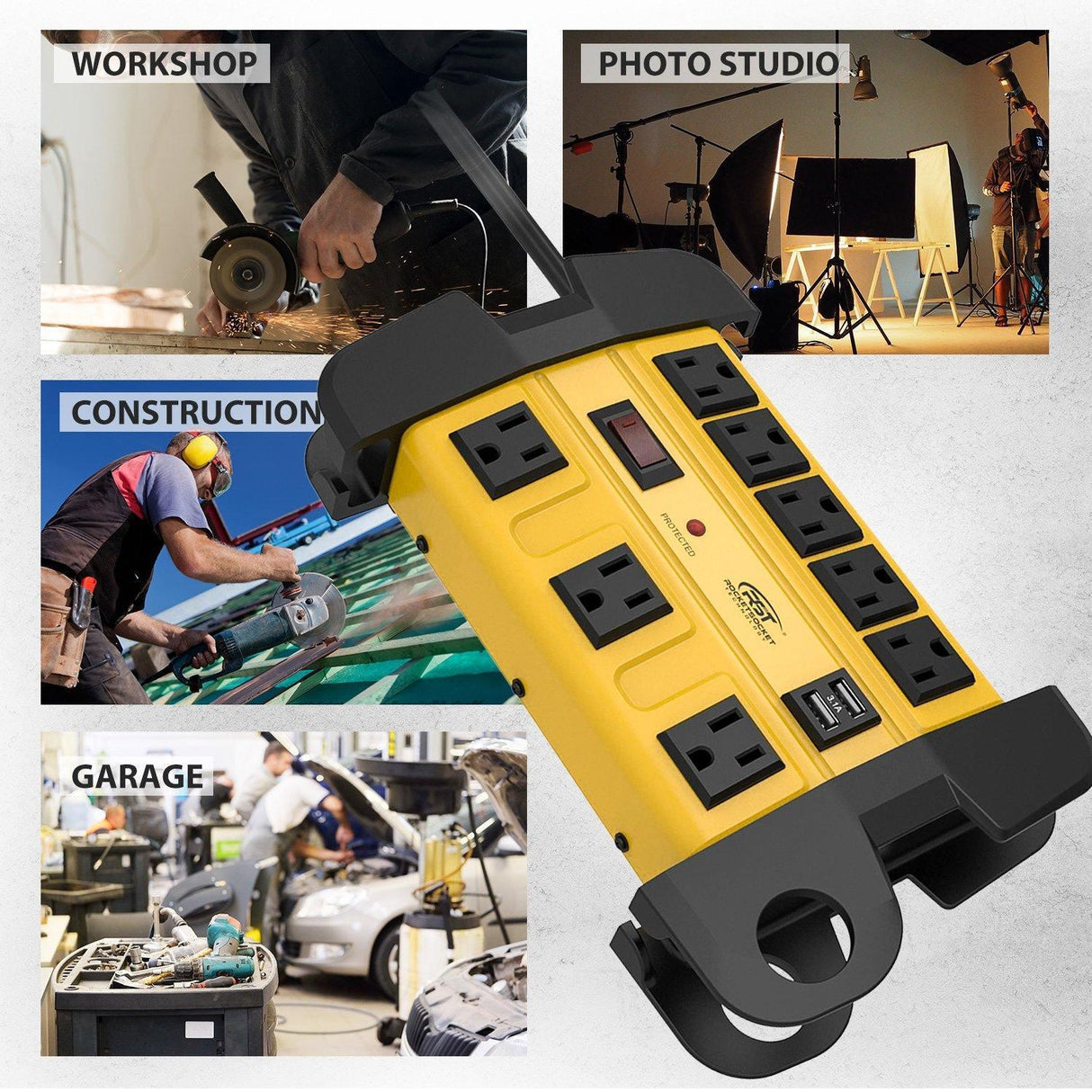 CRST 8 Outlets Dural USB Mountable Metal Power Strip Surge Protector with Cord Wrapping Design, Optional 15FT or 6FT Power Cord - Magnadyne