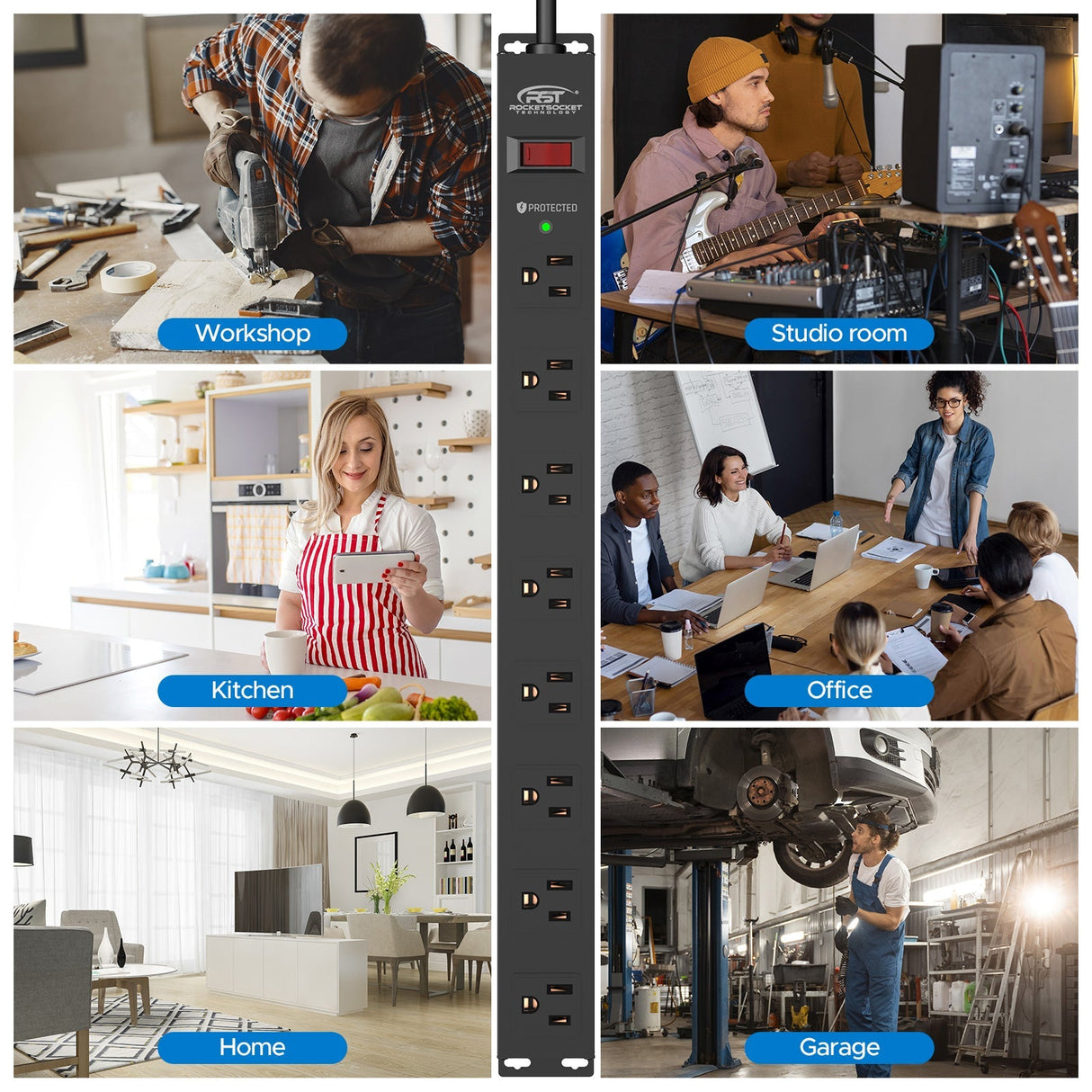 CRST 8 Outlets Wide Spaced Mountable Metal Power Strip Surge Protector, 6FT Flat Plug Power Cord, Mounting Kits Included - Magnadyne