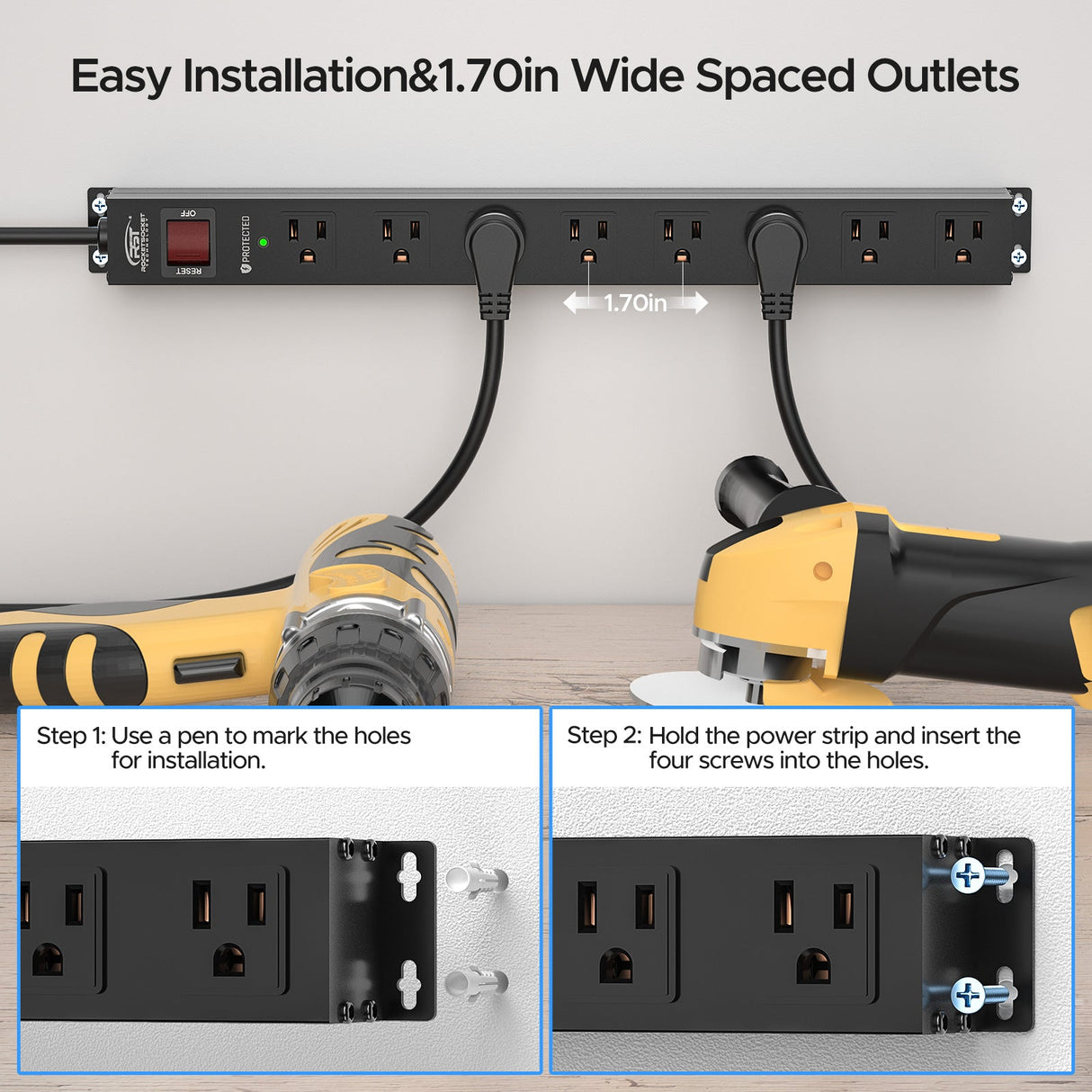 CRST 8 Outlets Wide Spaced Mountable Metal Power Strip Surge Protector, 6FT Flat Plug Power Cord, Mounting Kits Included - Magnadyne