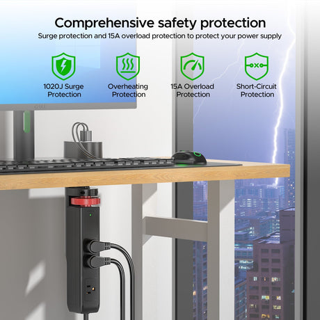 CRST Desk Clamp Power Strip | 3 Outlets + 3 USB (20W USB-C PD), 1020J Surge Protector - Magnadyne