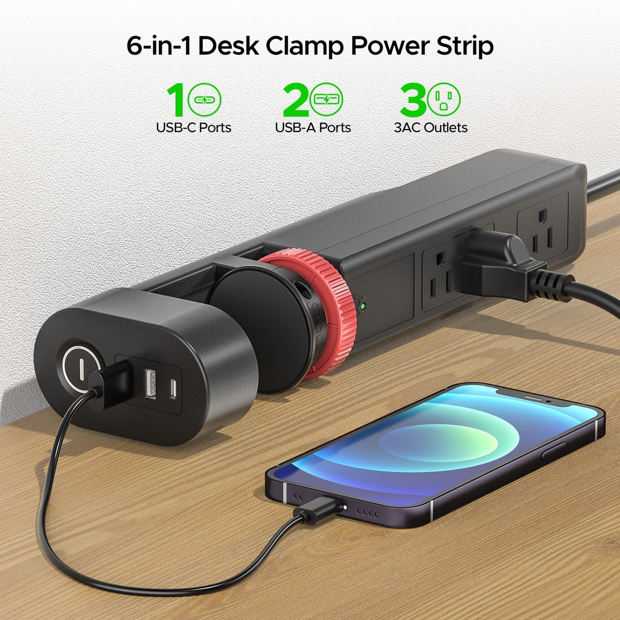 CRST Desk Clamp Power Strip | 3 Outlets + 3 USB (20W USB-C PD), 1020J Surge Protector - Magnadyne